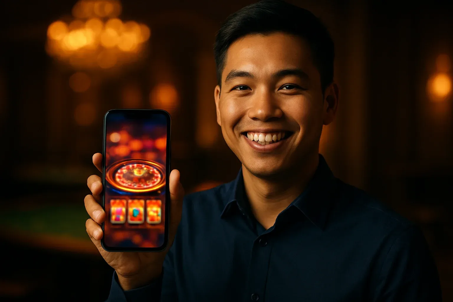 Chân dung nam Việt trẻ cười tươi cầm smartphone hiển thị app casino mờ